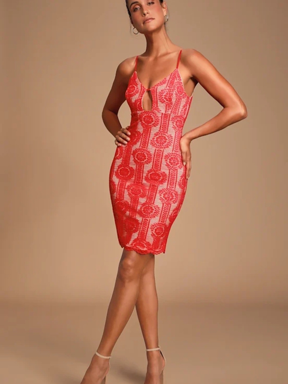 Lulus Avianna Red and Nude Lace Bodycon Dress